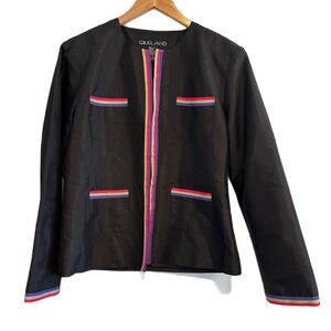 Silkland Vintage Black Silk Blend Open Jacket with Multi-color Stripe Detail